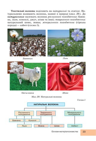 23Основи матеріалознавства
Текстильні волокна поділяють на натуральні та хімічні. На-
туральними називають волокна, наявні в природі (мал. 29). До
натуральних належать волокна рослинного походження: бавов-
на, льон, коноплі, джут, аґава та інші; тваринного походження:
натуральний шовк, вовна; мінерального походження (гірська
порода) — азбест (схема 1).
Бавовник
Овеча вовна
Мал. 29. Натуральні волокна
Льон
Шовк
Схема 1
НАТУРАЛЬНІ ВОЛОКНА
Рослинного
походження
Тваринного
походження
Мінерального
походження
Бавовна Коноплі
Льон Вовна Шовк Азбест
 