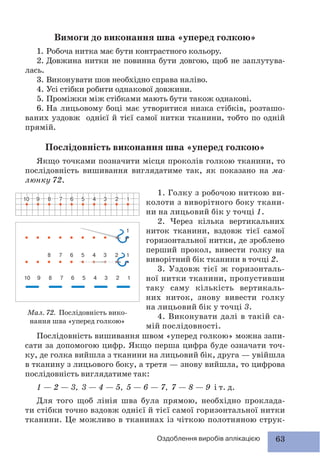 63Оздоблення виробів аплікацією
Вимоги до виконання шва «уперед голкою»
1. Робоча нитка має бути контрастного кольору.
2. Довжина нитки не повинна бути довгою, щоб не заплутува-
лась.
3. Виконувати шов необхідно справа наліво.
4. Усі стібки робити однакової довжини.
5. Проміжки між стібками мають бути також однакові.
6. На лицьовому боці має утворитися низка стібків, розташо-
ваних уздовж однієї й тієї самої нитки тканини, тобто по одній
прямій.
Послідовність виконання шва «уперед голкою»
Якщо точками позначити місця проколів голкою тканини, то
послідовність вишивання виглядатиме так, як показано на ма-
люнку 72.
1. Голку з робочою ниткою ви-
колоти з виворітного боку ткани-
ни на лицьовий бік у точці 1.
2. Через кілька вертикальних
ниток тканини, вздовж тієї самої
горизонтальної нитки, де зроблено
перший прокол, вивести голку на
виворітний бік тканини в точці 2.
3. Уздовж тієї ж горизонталь-
ної нитки тканини, пропустивши
таку саму кількість вертикаль-
них ниток, знову вивести голку
на лицьовий бік у точці 3.
4. Виконувати далі в такій са-
мій послідовності.
Мал. 72. Послідовність вико-
нання шва «уперед голкою»
Послідовність вишивання швом «уперед голкою» можна запи-
сати за допомогою цифр. Якщо перша цифра буде означати точ-
ку, де голка вийшла з тканини на лицьовий бік, друга — увійшла
в тканину з лицьового боку, а третя — знову вийшла, то цифрова
послідовність виглядатиме так:
1 — 2 — 3, 3 — 4 — 5, 5 — 6 — 7, 7 — 8 — 9 і т. д.
Для того щоб лінія шва була прямою, необхідно проклада-
ти стібки точно вздовж однієї й тієї самої горизонтальної нитки
тканини. Це можливо в тканинах із чіткою полотняною струк-
 