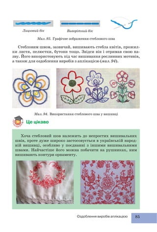 85Оздоблення виробів аплікацією
Це цікаво
Мал. 94. Використання стеблового шва у вишивці
Стебловим швом, зазвичай, вишивають стебла квітів, прожил-
ки листя, пелюстки, бутони тощо. Звідси він і отримав свою на-
зву. Його використовують під час вишивання рослинних мотивів,
а також для оздоблення виробів з аплікацією (мал. 94).
Хоча стебловий шов належить до непростих вишивальних
швів, проте дуже широко застосовується в українській народ-
ній вишивці, особливо у поєднанні з іншими вишивальними
швами. Найчастіше його можна побачити на рушниках, ним
вишивають контури орнаменту.
Мал. 93. Графічне зображення стеблового шва
Лицьовий бік Виворітний бік
 