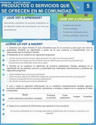 5
Aprenderás a identificar los anuncios publicitarios en
los diferentes medios de comunicación, así como sus
características.
 Cuaderno de apuntes.
 Fichas de trabajo.
 Fuentes de información como
revistas, periódicos, libros, etc.
1. Comenta con algún familiar lo que consideras que es un anuncio y para qué nos sirve la
publicidad. Redacta su significado a partir de lo que conoces y complementa con la
información que te brindó tu familia.
2. Responde en tu cuaderno las siguientes preguntas:
4. Lee y copia la siguiente información en tu cuaderno, posteriormente localiza algunos
anuncios publicitarios en la televisión, periódicos o revistas y elabora en tu cuaderno la tabla
comparativa
 ¿Te has convencido de comprar algún producto con solo ver el anuncio antes?
 ¿Cuáles son los medios de comunicación que se utilizan para anunciar los productos que
encuentras en las diferentes áreas de tu casa?
3. Escribe en tu cuaderno la definición de Anuncio publicitario. Puedes apoyarte en el
significado de las palabras anuncio y publicidad que redactaste anteriormente y contesta las
siguientes preguntas:
 ¿Qué finalidad tiene el anuncio publicitario?
 ¿Qué recursos utilizan los diferentes medios de comunicación para anunciar sus productos?
 ¿Cuál es el propósito de los anuncios publicitarios?
 ¿En dónde encuentras anuncios publicitarios?
Medio
(radio, televisión, periódico, revistas)
Producto
anunciado
Frase
publicitaria
Imagen Propósito
5. Copia en tu cuaderno la información que aparece en los recuadros
Un anuncio publicitario es un mensaje destinado al público para dar a conocer un servicio o un
producto
PRODUCTOS O SERVICIOS QUE
SE OFRECEN EN MI COMUNIDAD
 
