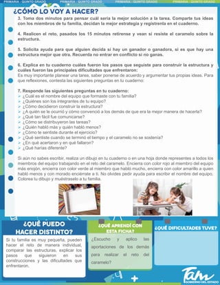 3. Toma dos minutos para pensar cuál sería la mejor solución a la tarea. Comparte tus ideas
con los miembros de tu familia, decidan la mejor estrategia y regístrenla en el cuaderno.
4. Realicen el reto, pasados los 15 minutos retírense y vean si resiste el caramelo sobre la
estructura.
5. Solicita ayuda para que alguien decida si hay un ganador o ganadora, si es que hay una
estructura mejor que otra. Recuerda no entrar en conflicto si no ganas.
6. Explica en tu cuaderno cuáles fueron los pasos que seguiste para construir la estructura y
cuáles fueron las principales dificultades que enfrentaron:
Es muy importante planear una tarea, saber ponerse de acuerdo y argumentar tus propias ideas. Para
que reflexiones, contesta las siguientes preguntas en tu cuaderno:
7. Responde las siguientes preguntas en tu cuaderno:
 ¿Cuál es el nombre del equipo que formaste con tu familia?
 ¿Quiénes son los integrantes de tu equipo?
 ¿Cómo decidieron construir la estructura?
 ¿A quién se le ocurrió y cómo convenció a los demás de que era la mejor manera de hacerla?
 ¿Qué tan fácil fue comunicarse?
 ¿Cómo se distribuyeron las tareas?
 ¿Quién habló más y quién habló menos?
 ¿Cómo te sentiste durante el ejercicio?
 ¿Qué sentiste cuando se terminó el tiempo y el caramelo no se sostenía?
 ¿En qué acertaron y en qué fallaron?
 ¿Qué harías diferente?
Si aún no sabes escribir, realiza un dibujo en tu cuaderno o en una hoja donde representes a todos los
miembros del equipo trabajando en el reto del caramelo. Encierra con color rojo al miembro del equipo
más enojón, encierra con color verde al miembro que habló mucho, encierra con color amarillo a quien
habló menos y con morado enciérrate a ti. No olvides pedir ayuda para escribir el nombre del equipo.
Colorea tu dibujo y muéstraselo a tu familia.
Si tu familia es muy pequeña, pueden
hacer el reto de manera individual,
comparar las estructuras, explicar los
pasos que siguieron en sus
construcciones y las dificultades que
enfrentaron.
¿Escucho y aplico las
aportaciones de los demás
para realizar el reto del
caramelo?
 