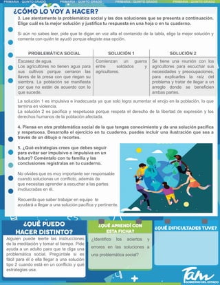 3. Lee atentamente la problemática social y las dos soluciones que se presenta a continuación.
Elige cuál es la mejor solución y justifica tu respuesta en una hoja o en tu cuaderno.
Si aún no sabes leer, pide que te digan en voz alta el contenido de la tabla, elige la mejor solución y
comenta con quién te ayudó porque elegiste esa opción.
La solución 1 es impulsiva e inadecuada ya que solo logra aumentar el enojo en la población, lo que
termina en violencia.
La solución 2 es pacífica y respetuosa porque respeta el derecho de la libertad de expresión y los
derechos humanos de la población afectada.
4. Piensa en otra problemática social de la que tengas conocimiento y da una solución pacífica
y respetuosa. Desarrolla el ejercicio en tu cuaderno, puedes incluir una ilustración que sea a
través de un dibujo o recortes.
5. ¿Qué estrategias crees que debes seguir
para evitar ser impulsivo o impulsiva en un
futuro? Coméntalo con tu familia y las
conclusiones regístralas en tu cuaderno.
No olvides que es muy importante ser responsable
cuando solucionas un conflicto, además de
que necesitas aprender a escuchar a las partes
involucradas en él.
Recuerda que saber trabajar en equipo te
ayudará a llegar a una solución pacífica y pertinente.
Alguien puede leerte las instrucciones
de la meditación y tomar el tiempo. Pide
ayuda a un adulto para que te diga una
problemática social. Pregúntale si es
fácil para él o ella llegar a una solución
tipo 2 cuando está en un conflicto y qué
estrategias usa.
PROBLEMÁTICA SOCIAL SOLUCIÓN 1 SOLUCIÓN 2
Escasez de agua.
Los agricultores no tienen agua para
sus cultivos porque cerraron las
llaves de la presa con que riegan su
siembra. La población se manifiesta
por que no están de acuerdo con lo
que sucede.
Comienzan un guerra
entre soldados y
agricultores.
Se tiene una reunión con los
agricultores para escuchar sus
necesidades y preocupaciones,
para explicarles la raíz del
problema y tratar de llegar a un
arreglo donde se beneficien
ambas partes.
¿Identifico los aciertos y
errores en las soluciones a
una problemática social?
 