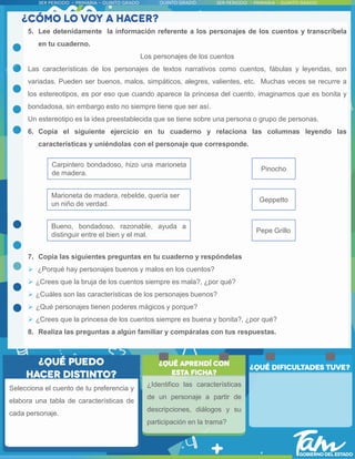 5. Lee detenidamente la información referente a los personajes de los cuentos y transcríbela
en tu cuaderno.
Los personajes de los cuentos
Las características de los personajes de textos narrativos como cuentos, fábulas y leyendas, son
variadas. Pueden ser buenos, malos, simpáticos, alegres, valientes, etc. Muchas veces se recurre a
los estereotipos, es por eso que cuando aparece la princesa del cuento, imaginamos que es bonita y
bondadosa, sin embargo esto no siempre tiene que ser así.
Un estereotipo es la idea preestablecida que se tiene sobre una persona o grupo de personas.
6. Copia el siguiente ejercicio en tu cuaderno y relaciona las columnas leyendo las
características y uniéndolas con el personaje que corresponde.
7. Copia las siguientes preguntas en tu cuaderno y respóndelas
 ¿Porqué hay personajes buenos y malos en los cuentos?
 ¿Crees que la bruja de los cuentos siempre es mala?, ¿por qué?
 ¿Cuáles son las características de los personajes buenos?
 ¿Qué personajes tienen poderes mágicos y porque?
 ¿Crees que la princesa de los cuentos siempre es buena y bonita?, ¿por qué?
8. Realiza las preguntas a algún familiar y compáralas con tus respuestas.
Pinocho
Pepe Grillo
Geppetto
Carpintero bondadoso, hizo una marioneta
de madera.
Marioneta de madera, rebelde, quería ser
un niño de verdad.
Bueno, bondadoso, razonable, ayuda a
distinguir entre el bien y el mal.
¿Identifico las características
de un personaje a partir de
descripciones, diálogos y su
participación en la trama?
Selecciona el cuento de tu preferencia y
elabora una tabla de características de
cada personaje.
 