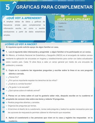 5
Si requieres ayuda solicita apoyo de algún familiar en casa.
1. Lee el siguiente dato interesante y pregúntale a algún familiar si ha participado en un censo.
En México, el Instituto Nacional de Estadística y Geografía (INEGI) es el encargado de realizar censos
mediante la aplicación de encuestas en hogares y establecimientos para contar con datos actualizados
sobre nuestro país. Cada 10 años lleva a cabo un censo general por medio de una encuesta de
población y vivienda
2. Copia en tu cuaderno las siguientes preguntas y escribe sobre la línea si es una pregunta
abierta o cerrada.
 ¿Tienes frio?
 ¿Por qué es importante respetar los derechos de los niños?
 ¿Cuál es tu comida favorita?
 ¿Te gusta ir a la escuela?
 ¿Qué opinas sobre el maltrato animal?
3. Piensa en un tema sobre el cual te gustaría saber más, después escribe en tu cuaderno el
propósito de conocer más sobre ese tema y redacta 10 preguntas.
 Realiza preguntas abiertas y cerradas.
 Organiza las preguntas por temas.
 Al terminar el diseño de tu cuestionario, revisa cada pregunta y realiza los ajustes necesarios para que
las opciones de respuesta te permitan obtener la información que necesitas.
4. Aplica el cuestionario a las personas que viven en tu casa y registra las respuestas en tu
cuaderno.
A emplear tablas de datos y gráficas de
frecuencia simple para complementar la
información escrita, así como a escribir
conclusiones a partir de datos estadísticos
simples.
 Cuaderno.
 Lápiz.
 Colores.
GRÁFICAS PARA COMPLEMENTAR
 