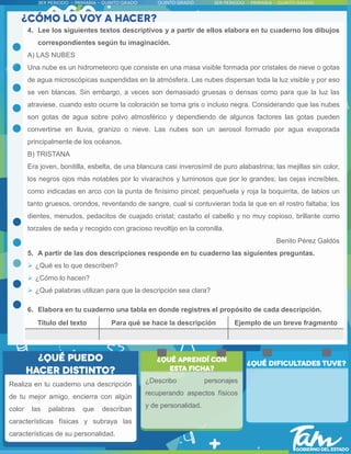 4. Lee los siguientes textos descriptivos y a partir de ellos elabora en tu cuaderno los dibujos
correspondientes según tu imaginación.
A) LAS NUBES
Una nube es un hidrometeoro que consiste en una masa visible formada por cristales de nieve o gotas
de agua microscópicas suspendidas en la atmósfera. Las nubes dispersan toda la luz visible y por eso
se ven blancas. Sin embargo, a veces son demasiado gruesas o densas como para que la luz las
atraviese, cuando esto ocurre la coloración se torna gris o incluso negra. Considerando que las nubes
son gotas de agua sobre polvo atmosférico y dependiendo de algunos factores las gotas pueden
convertirse en lluvia, granizo o nieve. Las nubes son un aerosol formado por agua evaporada
principalmente de los océanos.
B) TRISTANA
Era joven, bonitilla, esbelta, de una blancura casi inverosímil de puro alabastrina; las mejillas sin color,
los negros ojos más notables por lo vivarachos y luminosos que por lo grandes; las cejas increíbles,
como indicadas en arco con la punta de finísimo pincel; pequeñuela y roja la boquirrita, de labios un
tanto gruesos, orondos, reventando de sangre, cual si contuvieran toda la que en el rostro faltaba; los
dientes, menudos, pedacitos de cuajado cristal; castaño el cabello y no muy copioso, brillante como
torzales de seda y recogido con gracioso revoltijo en la coronilla.
Benito Pérez Galdós
5. A partir de las dos descripciones responde en tu cuaderno las siguientes preguntas.
 ¿Qué es lo que describen?
 ¿Cómo lo hacen?
 ¿Qué palabras utilizan para que la descripción sea clara?
6. Elabora en tu cuaderno una tabla en donde registres el propósito de cada descripción.
Título del texto Para qué se hace la descripción Ejemplo de un breve fragmento
¿Describo personajes
recuperando aspectos físicos
y de personalidad.
Realiza en tu cuaderno una descripción
de tu mejor amigo, encierra con algún
color las palabras que describan
características físicas y subraya las
características de su personalidad.
 