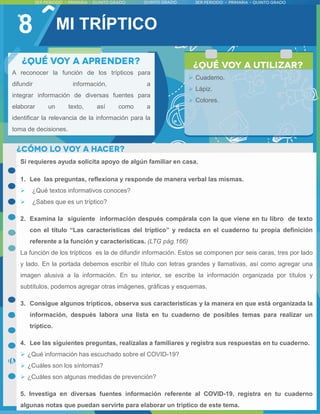 8
Si requieres ayuda solicita apoyo de algún familiar en casa.
1. Lee las preguntas, reflexiona y responde de manera verbal las mismas.
 ¿Qué textos informativos conoces?
 ¿Sabes que es un tríptico?
2. Examina la siguiente información después compárala con la que viene en tu libro de texto
con el título “Las características del tríptico” y redacta en el cuaderno tu propia definición
referente a la función y características. (LTG pág.166)
La función de los trípticos es la de difundir información. Estos se componen por seis caras, tres por lado
y lado. En la portada debemos escribir el título con letras grandes y llamativas, así como agregar una
imagen alusiva a la información. En su interior, se escribe la información organizada por títulos y
subtítulos, podemos agregar otras imágenes, gráficas y esquemas.
3. Consigue algunos trípticos, observa sus características y la manera en que está organizada la
información, después labora una lista en tu cuaderno de posibles temas para realizar un
tríptico.
4. Lee las siguientes preguntas, realízalas a familiares y registra sus respuestas en tu cuaderno.
 ¿Qué información has escuchado sobre el COVID-19?
 ¿Cuáles son los síntomas?
 ¿Cuáles son algunas medidas de prevención?
5. Investiga en diversas fuentes información referente al COVID-19, registra en tu cuaderno
algunas notas que puedan servirte para elaborar un tríptico de este tema.
A reconocer la función de los trípticos para
difundir información, a
integrar información de diversas fuentes para
elaborar un texto, así como a
identificar la relevancia de la información para la
toma de decisiones.
 Cuaderno.
 Lápiz.
 Colores.
MI TRÍPTICO
 