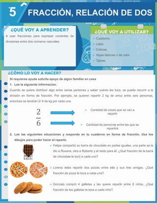5
A usar fracciones para expresar cocientes de
divisiones entre dos números naturales.
 Cuaderno.
 Lápiz.
 Colores.
 Hojas blancas o de color.
 Tijeras.
FRACCIÓN, RELACIÓN DE DOS
Si requieres ayuda solicita apoyo de algún familiar en casa
1. Lee la siguiente información.
Cuando se quiere distribuir algo entre varias personas y saber cuánto les toca, se puede recurrir a la
división en forma de fracción. Por ejemplo, se quieren repartir 2 kg de arroz entre seis personas,
entonces se tendrán 2/ 6 de kg por cada una.
2. Lee las siguientes situaciones y responde en tu cuaderno en forma de fracción. Usa los
dibujos para poder hacer el reparto.
 Felipe compartió su barra de chocolate en partes iguales, una parte se la
dio a Roxana, otra a Roberto y el resto para él. ¿Qué fracción de la barra
de chocolate le tocó a cada uno?
 Lorena debe repartir dos pizzas entre ella y sus tres amigas. ¿Qué
fracción de pizza le toca a cada una?
 Gonzalo compró 4 galletas y las quiere repartir entre 8 niños. ¿Qué
fracción de las galletas le toca a cada niño?
 Cantidad de cosas que se van a
repartir
 Cantidad de personas entre las que se
repartirá
 