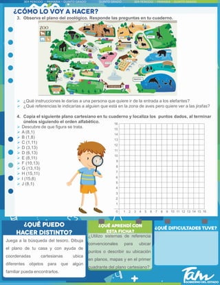 3. Observa el plano del zoológico. Responde las preguntas en tu cuaderno.
 ¿Qué instrucciones le darías a una persona que quiere ir de la entrada a los elefantes?
 ¿Qué referencias le indicarías a alguien que está en la zona de aves pero quiere ver a las jirafas?
4. Copia el siguiente plano cartesiano en tu cuaderno y localiza los puntos dados, al terminar
únelos siguiendo el orden alfabético.
 Descubre de que figura se trata.
 A (8,1)
 B (1,8)
 C (1,11)
 D (3,13)
 D (6,13)
 E (8,11)
 F (10,13)
 G (13,13)
 H (15,11)
 I (15,8)
 J (8,1)
Juega a la búsqueda del tesoro. Dibuja
el plano de tu casa y con ayuda de
coordenadas cartesianas ubica
diferentes objetos para que algún
familiar pueda encontrarlos.
¿Utilizo sistemas de referencia
convencionales para ubicar
puntos o describir su ubicación
en planos, mapas y en el primer
cuadrante del plano cartesiano?
 