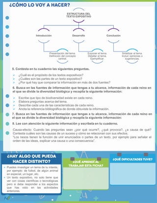  Puedes investigar un tema de tu interés,
por ejemplo: de futbol, de algún animal
en especial, un lugar, etc.
 Un texto expositivo, no solo tiene que
ver con cosas científicas o tecnológicas
pero si debe responder a los aspectos
que has visto en las actividades
anteriores.
ESTRUCTURA DEL
TEXTO EXPOSITIVO
Introducción
Presentación del tema.
Definición del concepto
central.
Desarrollo
Exponer el tema.
Detallar el tema.
Ejemplificar.
Conclusión
Sintetizar el tema.
Incluir opiniones o
sugerencias.
5. Contesta en tu cuaderno las siguientes preguntas.
 ¿Cuál es el propósito de los textos expositivos?
 ¿Cuáles son las partes de un texto expositivo?
 ¿Por qué hay que comparar la información en más de dos fuentes?
6. Busca en las fuentes de información que tengas a tu alcance, información de cada reino en
el que se divide la diversidad biológica y recopila la siguiente información:
 Escribe que tipo de biodiversidad existe en cada reino.
 Elabora preguntas acerca del tema.
 Describe cada una de las características de cada reino.
 Anota la referencia bibliográfica de donde obtuviste la información.
7. Busca en las fuentes de información que tengas a tu alcance, información de cada reino en
el que se divide la diversidad biológica y recopila la siguiente información:
8. Lee con atención la siguiente información y escríbela en tu cuaderno.
Causa-efecto: Cuando las preguntas sean ¿por qué ocurre?, ¿qué provoca?, ¿a causa de qué?
Contesta cuáles son las causas de un suceso y cómo se relacionan con sus efectos.
“Los nexos tienen la función de unir enunciados o partes de un texto, por ejemplo para señalar el
orden de las ideas, explicar una causa o una consecuencia”.
 