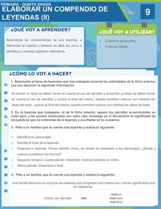 9
Aprenderás las características de una leyenda, a
diferenciar la realidad y fantasía en ellas así como a
identificar y emplear adjetivos calificativos.
 Cuaderno de apuntes.
 Ficha de trabajo.
1. Retomarás el tema de leyendas que has trabajado durante las actividades de la ficha anterior.
Lee con atención la siguiente información
2. En la leyenda que trabajaste, el de la ficha anterior, separa los párrafos encerrándolos en
color azul, y los puntos remárcalos con color rojo. Investiga en el diccionario el significado de
las palabras que no entiendas de la leyenda y escríbelas en tu cuaderno.
Al escribir un texto se deben tomar en cuenta el uso de párrafos y al escribir un texto se deben tomar
en cuenta el uso de párrafos y puntos al final del mismo, hacerlo permitirá ordenar con claridad las
ideas del texto. puntos al final del mismo, hacerlo permitirá ordenar con claridad las ideas del texto.
3. Pide a un familiar que te cuente una leyenda y realiza lo siguiente:
 Identifica los personajes.
 Escribe el título de la leyenda.
 Organiza tu leyenda: Primer párrafo: Inicio, en donde se presentan a los personajes; ¿Dónde y
cuándo sucedieron los hechos?
 Segundo, tercero y cuarto párrafo: Desarrollo, hechos narrados en orden.
 Último párrafo: Desenlace o final.
4. Pide a un familiar que te cuente una leyenda y realiza lo siguiente:
Una familia léxica es un conjunto de palabras que comparten una misma raíz y tienen significados que
se relacionan.
marino
Como, por ejemplo: mar marinero
marítimo
ELABORAR UN COMPENDIO DE
LEYENDAS (II)
 