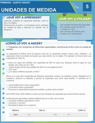 UNIDADES DE MEDIDA
5
Utilizarás unidades de capacidad estándar, como el
litro y el mililitro.
Reconocerás el gramo y la tonelada como unidades
de medida de peso y deduciré su relación con el
kilogramo.
 Diez botellas de diferente capacidad.
 Dos botellas vacías de 500 ml.
 1 botella de 1 litro.
 Diez artículos de distinto peso.
 Cuaderno de matemáticas
1. Trabajarás con recipientes de diferentes capacidades, reconocerás al litro como la unidad de
medida
La capacidad se define como el espacio vacío de un recipiente (cubeta, frasco, jarra, etcétera). La
capacidad mide la cantidad de líquido que cabe dentro de un objeto. Por ejemplo: el frasco tiene una
capacidad de 1500 ml.
 Llena con agua dos botellas con capacidad de 500 ml cada una, después vacía el agua en otra
botella, pero esta vez de 1 litro.
 ¿Cabe el agua de las dos botellas de 500 ml en la botella de litro?
 ¿Por qué?
 ¿A cuántos mililitros equivale un litro?
Busca a tu casa diez recipientes de diferente capacidad, pueden ser botellas o botes. Dibújalos en tu
cuaderno, observa su etiqueta y escribe la capacidad que tiene cada botella. Y contesta en tu
cuaderno.
 ¿Qué botella tiene menor capacidad?
 ¿Cuál tiene mayor capacidad?
 Si sumas la capacidad de todas las botellas ¿cuánto sería el total?
UN LITRO tiene 1000 mililitros y estos son las medidas de capacidad que comúnmente usamos.
Anteriormente aprendiste cuántos mililitros hay en un litro, por lo tanto.
 ¿Cuántos mililitros representa ½ litro?
 ¿Cuántos ¼ de litro?
 Completa la tabla en tu cuaderno.
Mililitro 500 ml 5,000 ml
Litro ¼ l ¾ l 1l
 