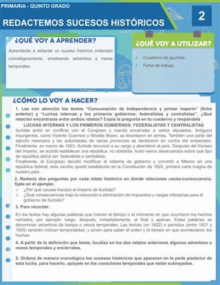 REDACTEMOS SUCESOS HISTÓRICOS
2
Aprenderás a redactar un suceso histórico ordenado
cronológicamente, empleando adverbios y nexos
temporales
 Cuaderno de apuntes.
 Ficha de trabajo.
1. Lee con atención los textos “Consumación de Independencia y primer imperio” (ficha
anterior) y “Luchas internas y los primeros gobiernos: federalistas y centralistas”. ¿Qué
relación encontraste entre ambos relatos? Copia la pregunta en tu cuaderno y respóndela
LUCHAS INTERNAS Y LOS PRIMEROS GOBIERNOS: FEDERALISTAS Y CENTRALISTAS
Iturbide entró en conflicto con el Congreso y mandó encarcelar a varios diputados. Antiguos
insurgentes, como Vicente Guerrero y Nicolás Bravo, se levantaron en armas. También una parte del
ejército mexicano y las autoridades de varias provincias se declararon en contra del emperador.
Finalmente, en marzo de 1823, Iturbide renunció a su cargo y abandonó el país. Después del fracaso
del Imperio, se acordó establecer una república; no obstante, hubo varios desacuerdos sobre qué tipo
de república debía ser: federalista o centralista.
Finalmente, el Congreso decidió modificar el sistema de gobierno y convirtió a México en una
república federal; este cambio quedó establecido en la Constitución de 1824, primera carta magna de
nuestro país.
2. Redacta dos preguntas por cada relato histórico en donde relaciones causa-consecuencia,
fíjate en el ejemplo:
 ¿Por qué causas fracasó el Imperio de Iturbide?
 ¿Qué consecuencias trajo la reducción o eliminación de impuestos y cargas tributarias para el
gobierno de Iturbide?
3. Para recordar:
En los textos hay algunas palabras que indican el tiempo o el momento en que ocurrieron los hechos
narrados, por ejemplo: luego, después, inmediatamente, al final y apenas. Estas palabras se
denominan adverbios de tiempo o nexos temporales. Las fechas (en 1822) o periodos (entre 1821 y
1824) también indican temporalidad, y sirven para saber el orden y el tiempo en que acontecieron los
hechos
4. A partir de la definición que leíste, localiza en los dos relatos anteriores algunos adverbios o
nexos temporales y enciérralos.
5. Ordena de manera cronológica los sucesos históricos que aparecen en la parte posterior de
esta lucha, para hacerlo, apóyate en los conectores temporales que están subrayados.
 