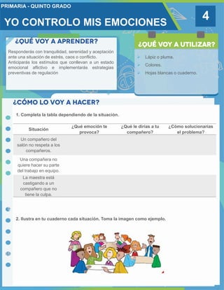 4
Responderás con tranquilidad, serenidad y aceptación
ante una situación de estrés, caos o conflicto.
Anticiparás los estímulos que conllevan a un estado
emocional aflictivo e implementarás estrategias
preventivas de regulación
 Lápiz o pluma.
 Colores.
 Hojas blancas o cuaderno.
1. Completa la tabla dependiendo de la situación.
Situación
¿Qué emoción te
provoca?
¿Qué le dirías a tu
compañero?
¿Cómo solucionarías
el problema?
Un compañero del
salón no respeta a los
compañeros.
Una compañera no
quiere hacer su parte
del trabajo en equipo.
La maestra está
castigando a un
compañero que no
tiene la culpa.
2. Ilustra en tu cuaderno cada situación. Toma la imagen como ejemplo.
YO CONTROLO MIS EMOCIONES
 