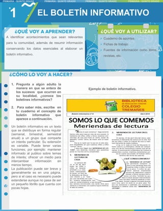1 EL BOLETÍN INFORMATIVO
1. Pregunta a algún adulto la
manera en que se entera de
los sucesos que ocurren en
su localidad, ¿conoce los
boletines informativos?
2. Para saber más, escribe en
tu cuaderno el concepto de
boletín informativo que
aparece a continuación.
Un boletín informativo es un texto
que se distribuye en forma regular
(semanal, bimestral, semestral
anual) a un grupo que comparte
un interés particular. Su extensión
es variable. Puede tener varias
funciones; por ejemplo: mantener
informado al publico sobre temas
de interés; ofrecer un medio para
intercambiar información en
menos tiempo.
La publicación puede ser breve y
generalmente es en una página,
pero si el caso es necesario puede
extenderse aunque no pasa de ser
un pequeño librillo que cuenta con
pocas hojas.
A identificar acontecimientos que sean relevantes
para tu comunidad, además de resumir información
conservando los datos esenciales al elaborar un
boletín informativo.
 Cuaderno de apuntes.
 Fichas de trabajo
 Fuentes de información como libros,
revistas, etc.
Ejemplo de boletín informativo.
 