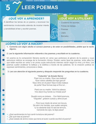 5 LEER POEMAS
1. Comenta con algún adulto si conoce poemas y de estar en posibilidades, pídele que te recite
alguno.
2. Lee la siguiente información referente a los poemas y escríbela en tu cuaderno.
Un poema es la composición literaria escrita en verso que pertenece al género de la poesía y cuya
estructura métrica se encarga de la formación rítmica. Existen varios tipos de poemas, entre ellos los
que están escritos en verso o en prosa cuyas estructuras internas varían según la rima y el ritmo. Los
poemas suelen enaltecer la belleza y la estética a través de las palabras. En la creación poética se
expresan sentimientos, emociones e ideas.
3. Lee con atención el siguiente poema y después responde las preguntas en tu cuaderno.
“Cobardía” de Amado Nervo
Pasó con su madre. !Que rara belleza!
!Que rubios cabellos de trigo garzul!
!Que ritmo en el paso! !Que innata realeza
de porte! !Que formas bajo el fino tul…
Pasó con su madre. Volvió la cabeza:
!me clavó muy hondo su mirada azul!
Quedé como en éxtasis… Con febril premura,
“!Síguela!”, gritaron cuerpo y alma al par.
… Pero tuve miedo de amar con locura,
De abrir mis heridas, que suelen sangrar,
!y no obstante toda mi sed de ternura,
Cerrando los ojos, la deje pasar!
 ¿Qué sentimientos te hizo sentir la lectura del poema?
 ¿De qué trata el poema?
 ¿Qué estado de ánimo crees que tenía el autor cuando escribió el poema?
A identificar los temas de un poema y reconocer los
sentimientos involucrados además de mostrar interés
y sensibilidad al leer y escribir poemas.
 Cuaderno de apuntes.
 Fichas de trabajo.
 Poemas
 Lápiz.
 Borrador.
 