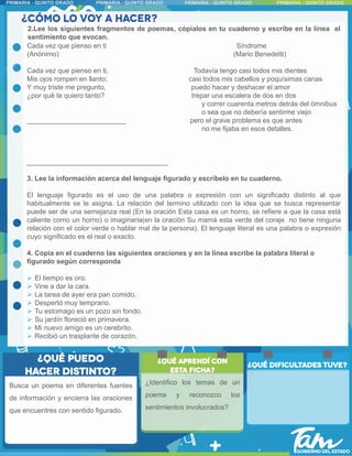 Cada vez que pienso en ti Síndrome
(Anónimo) (Mario Benedetti)
Cada vez que pienso en ti, Todavía tengo casi todos mis dientes
Mis ojos rompen en llanto; casi todos mis cabellos y poquísimas canas
Y muy triste me pregunto, puedo hacer y deshacer el amor
¿por qué te quiero tanto? trepar una escalera de dos en dos
y correr cuarenta metros detrás del ómnibus
o sea que no debería sentirme viejo
__________________________ pero el grave problema es que antes
no me fijaba en esos detalles.
_____________________________________
3. Lee la información acerca del lenguaje figurado y escríbelo en tu cuaderno.
El lenguaje figurado es el uso de una palabra o expresión con un significado distinto al que
habitualmente se le asigna. La relación del termino utilizado con la idea que se busca representar
puede ser de una semejanza real (En la oración Esta casa es un horno, se refiere a que la casa está
caliente como un horno) o imaginaria(en la oración Su mamá esta verde del coraje no tiene ninguna
relación con el color verde o hablar mal de la persona). El lenguaje literal es una palabra o expresión
cuyo significado es el real o exacto.
4. Copia en el cuaderno las siguientes oraciones y en la línea escribe la palabra literal o
figurado según corresponda
 El tiempo es oro.
 Vine a dar la cara.
 La tarea de ayer era pan comido.
 Despertó muy temprano.
 Tu estomago es un pozo sin fondo.
 Su jardín floreció en primavera.
 Mi nuevo amigo es un cerebrito.
 Recibió un trasplante de corazón.
Busca un poema en diferentes fuentes
de información y encierra las oraciones
que encuentres con sentido figurado.
2.Lee los siguientes fragmentos de poemas, cópialos en tu cuaderno y escribe en la línea el
sentimiento que evocan.
¿Identifico los temas de un
poema y reconozco los
sentimientos involucrados?
 