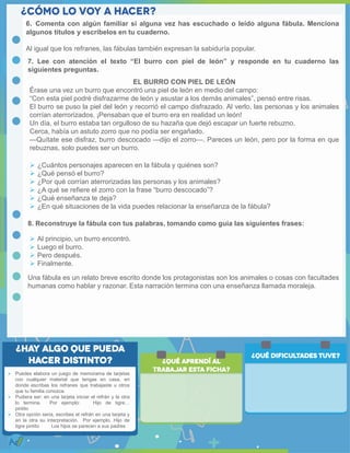  Puedes elabora un juego de memorama de tarjetas
con cualquier material que tengas en casa, en
donde escribas los refranes que trabajaste u otros
que tu familia conozca.
 Pudiera ser: en una tarjeta iniciar el refrán y la otra
lo termina. Por ejemplo: Hijo de tigre…
pintito
 Otra opción seria, escribes el refrán en una tarjeta y
en la otra su interpretación. Por ejemplo. Hijo de
tigre pintito Los hijos se parecen a sus padres
6. Comenta con algún familiar si alguna vez has escuchado o leído alguna fábula. Menciona
algunos títulos y escríbelos en tu cuaderno.
Al igual que los refranes, las fábulas también expresan la sabiduría popular.
 ¿Cuántos personajes aparecen en la fábula y quiénes son?
 ¿Qué pensó el burro?
 ¿Por qué corrían aterrorizadas las personas y los animales?
 ¿A qué se refiere el zorro con la frase “burro descocado”?
 ¿Qué enseñanza te deja?
 ¿En qué situaciones de la vida puedes relacionar la enseñanza de la fábula?
8. Reconstruye la fábula con tus palabras, tomando como guía las siguientes frases:
7. Lee con atención el texto “El burro con piel de león” y responde en tu cuaderno las
siguientes preguntas.
EL BURRO CON PIEL DE LEÓN
Érase una vez un burro que encontró una piel de león en medio del campo:
“Con esta piel podré disfrazarme de león y asustar a los demás animales”, pensó entre risas.
El burro se puso la piel del león y recorrió el campo disfrazado. Al verlo, las personas y los animales
corrían aterrorizados. ¡Pensaban que el burro era en realidad un león!
Un día, el burro estaba tan orgulloso de su hazaña que dejó escapar un fuerte rebuzno.
Cerca, había un astuto zorro que no podía ser engañado.
—Quítate ese disfraz, burro descocado —dijo el zorro—. Pareces un león, pero por la forma en que
rebuznas, solo puedes ser un burro.
 Al principio, un burro encontró.
 Luego el burro.
 Pero después.
 Finalmente.
Una fábula es un relato breve escrito donde los protagonistas son los animales o cosas con facultades
humanas como hablar y razonar. Esta narración termina con una enseñanza llamada moraleja.
 