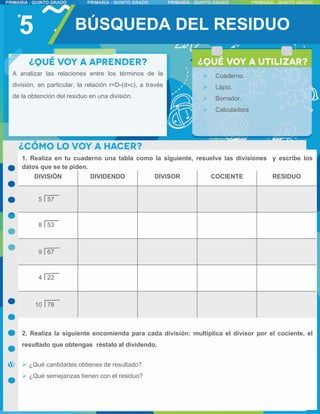 DIVISIÓN DIVIDENDO DIVISOR COCIENTE RESIDUO
5
1. Realiza en tu cuaderno una tabla como la siguiente, resuelve las divisiones y escribe los
datos que se te piden.
2. Realiza la siguiente encomienda para cada división: multiplica el divisor por el cociente, el
resultado que obtengas réstalo al dividendo.
 ¿Qué cantidades obtienes de resultado?
 ¿Qué semejanzas tienen con el residuo?
BÚSQUEDA DEL RESIDUO
A analizar las relaciones entre los términos de la
división, en particular, la relación r=D-(d×c), a través
de la obtención del residuo en una división.
 Cuaderno.
 Lápiz.
 Borrador.
 Calculadora
5 57
8 53
9 67
4 22
10 78
 