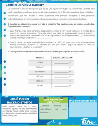 Mide algunas áreas de tu casa,
utilizando algunos de los instrumentos
de medida, metro, regla, cinta métrica,
etc. Después transforma las cantidades
en m², dm² y cm².
MEDIDA EQUIVALENCIA A M²
325 km² _____________ m²
38 dam² _____________ m²
15 899 mm² _____________ m²
587 dm² _____________ m²
1 265 cm² _____________ m²
24 hm² _____________ m²
La superficie o área es el espacio que ocupa una figura o un lugar. La unidad más utilizada para
medir superficies o calcular áreas es el metro cuadrado (m²). El metro cuadrado tiene múltiplos y
submúltiplos que nos ayudan a medir superficies más grandes (múltiplos) o más pequeñas
(submúltiplos) que el metro cuadrado. Sus equivalencias se muestran en las siguientes tabla.
5. Analiza los siguientes casos y ayuda a encontrar las equivalencias en metros cuadrados.
Cópialos en tu cuaderno.
 Caso 1: Don Jorge tiene un terreno rectangular que mide 9 hm² y quiere conocer la medida de su
terreno en metros cuadrados. Para ello utiliza una tabla de equivalencias como la anterior y
multiplica lo que mide su terreno en hm² por su equivalencia en m² según la tabla. ¿Cuánto mide el
terreno en metros cuadrados? _______________
 Caso 2: Sofía calculó la superficie de su cuaderno en 520 cm², para conocer su equivalencia en
metros cuadrados multiplicó la cantidad en cm² por 0.0001 según lo marca la tabla de
equivalencias. ¿Cuál es el resultado? ______________
6. Con ayuda de las tablas de equivalencias calcula las que se piden a continuación.
¿Identifico múltiplos y
submúltiplos del metro
cuadrado?
 
