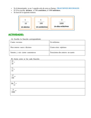  Si el denominador es un 1 seguido solo de ceros se llaman FRACCIONES DECIMALES.
 El 10 se escribe décimos, el 100 centésimos, el 1000 milésimos.
 Se leen de la siguiente manera:
ACTIVIDADES:
A) Escribe la fracción correspondiente:
Cuatro novenos Un milésimo
Diez enteros nueve décimos Ciento cinco séptimos
Setenta y seis ciento cuarentavos Trescientos dos enteros un cuarto
B) Anota como se lee cada fracción:
20
18
=
55
71
=
100
17
=
56
12
3
=
1000
6
=
 