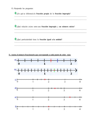 F) Responde las preguntas:
¿En qué se diferencia la fracción propia de la fracción impropia?
...........................................................................................................................................................
...........................................................................................................................................................
¿Qué relación existe entre una fracción impropia y un número mixto?
...........................................................................................................................................................
...........................................................................................................................................................
¿Qué particularidad tiene la fracción igual a la unidad?
...........................................................................................................................................................
........................................................................................................................................................
5.- Anota el número fraccionario que corresponde a cada punto de color rojo:
 
