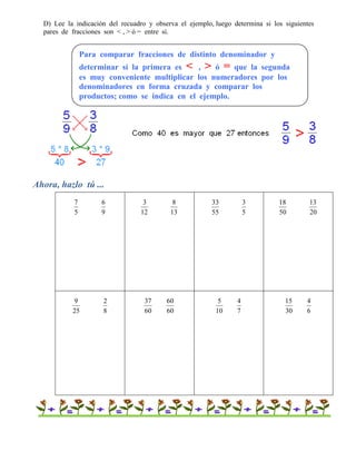 D) Lee la indicación del recuadro y observa el ejemplo, luego determina si los siguientes
pares de fracciones son < , > ó = entre sí.
Ahora, hazlo tú ...
5
7
9
6
12
3
13
8
55
33
5
3
50
18
20
13
25
9
8
2
60
37
60
60
10
5
7
4
30
15
6
4
Para comparar fracciones de distinto denominador y
determinar si la primera es < , > ó = que la segunda
es muy conveniente multiplicar los numeradores por los
denominadores en forma cruzada y comparar los
productos; como se indica en el ejemplo.
 