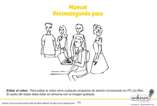 Consultas en: ayuda@wikirin.com
(16)
Manual
Decimosegundo paso
Editar el video: Para editar el video sirve cualquier programa de edición incorporado en PC y/o Mac.
El audio del relato debe estar en armonía con la imagen grabada.
Quinto Concurso Nacional Escolar de Video Wikirin: El valor de la colaboración
Para editar el video sirve cualquier programa de edición incorporado en PC y/o Mac.
 