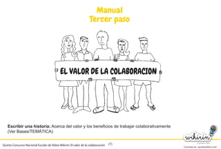 Consultas en: ayuda@wikirin.com
(7)
Manual
Tercer paso
Escribir una historia: Acerca del valor y los beneficios de trabajar colaborativamente
(Ver Bases/TEMÁTICA)
EL VALOR DE LA COLABORACION
Quinto Concurso Nacional Escolar de Video Wikirin: El valor de la colaboración
 