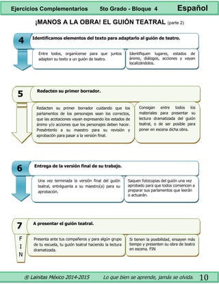 ® Lainitas México 2014-2015 Lo que bien se aprende, jamás se olvida. 10
¡MANOS A LA OBRA! EL GUIÓN TEATRAL (parte 2)
• Redacten su primer borrador.
Consigan entre todos los
materiales para presentar su
lectura dramatizada del guión
teatral, o de ser posible para
poner en escena dicha obra.
5
Redacten su primer borrador cuidando que los
parlamentos de los personajes sean los correctos,
que las acotaciones vayan expresando los estados de
ánimo y/o acciones que los personajes deben hacer.
Preséntenlo a su maestro para su revisión y
aprobación para pasar a la versión final.
• A presentar el guión teatral.
Si tienen la posibilidad, ensayen más
tiempo y presenten su obra de teatro
en escena. FIN
7
Presenta ante tus compañeros y para algún grupo
de tu escuela, tu guión teatral haciendo la lectura
dramatizada.
F
I
N
• Entrega de la versión final de su trabajo.
Saquen fotocopias del guión una vez
aprobado para que todos comiencen a
preparar sus parlamentos que leerán
o actuarán.
6
Una vez terminada la versión final del guión
teatral, entréguenla a su maestro(a) para su
aprobación.
• Identificamos elementos del texto para adaptarlo al guión de teatro.
Identifiquen lugares, estados de
ánimo, diálogos, acciones y vayan
localizándolos.
4
Entre todos, organícense para que juntos
adapten su texto a un guión de teatro.
Ejercicios Complementarios 5to Grado - Bloque 4 Español
 