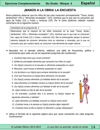 ® Lainitas México 2014-2015 Lo que bien se aprende, jamás se olvida. 14
¡MANOS A LA OBRA! LA ENCUESTA
Ahora podemos observar que los niños de ese caso consumen principalmente "Tacos, tortas,
sándwiches" (45) y "Alimentos envasados-" (25); mientras que lo que casi no consumen son
agua de frutas (12) y frutas y verduras (10). Por lo tanto podemos redactar nuestro
comentario de la siguiente manera:
Comentario de la pregunta No. 2
Observamos que la mayoría de los niños consumen en su casa "Tacos, tortas,
sándwiches" (45) y "Alimentos envasados-" (25); mientras que lo que casi no consumen
son: agua de frutas (12) y frutas y verduras (10). Ello es preocupante porque al parecer
estamos dejando de consumir alimentos ricos en vitaminas y minerales, por lo que es
necesario que, por nuestra salud, se consuman más alimentos de origen natural.
 Apoyados con el ejemplo anterior, elaboren una tabla de frecuencias, gráfica y
comentarios para cada una de las siguientes preguntas del cuestionario.
1. ¿Cuántos hijos tiene que cursen primaria?
2. Señale los principales alimentos que consumen los niños en casa?
3. ¿Su hijo(a) consume en la escuela un alimentos preparados en casa?
4. Mencione, ¿qué incluye el alimento preparado en casa?
5. ¿Le da dinero a su hijo(a) para comprar alimentos en la escuela?
6. ¿Con qué frecuencia su hijo(a) lleva alimentos a la escuela?
7. ¿Su hijo(a) compra alimentos y/o bebidas dentro de la escuela?
8. ¿Qué alimentos y/o bebidas compra su hijo(a) dentro de la escuela?
9. ¿Su hijo(a) compra alimentos y/o bebidas al salir de la escuela?
10. ¿Qué compra su hijo al salir de la escuela?
11. En promedio, ¿cuántos días a la semana, su hijo(a) ingiere los
siguientes alimentos y bebidas?
12. ¿Qué alimentos y/o bebidas consume su hijo(a) como cena?
13. ¿Cuántas horas a la semana su hijo(a) practica algún deporte?
14. ¿Cuántos horas al día su hijo(a) ve televisión o juega videojuegos?
 Utiliza el formato de la siguiente página para que vayas avanzando con cada pregunta.
¡Continuemos!
Ejercicios Complementarios 5to Grado - Bloque 4 Español
 