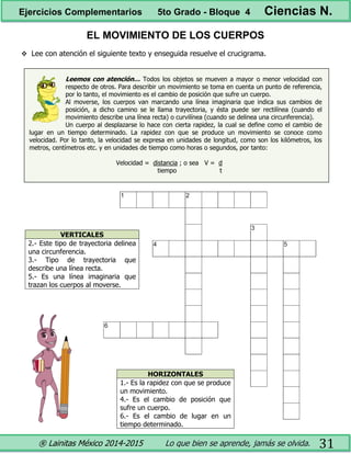® Lainitas México 2014-2015 Lo que bien se aprende, jamás se olvida. 31
EL MOVIMIENTO DE LOS CUERPOS
 Lee con atención el siguiente texto y enseguida resuelve el crucigrama.
Leemos con atención… Todos los objetos se mueven a mayor o menor velocidad con
respecto de otros. Para describir un movimiento se toma en cuenta un punto de referencia,
por lo tanto, el movimiento es el cambio de posición que sufre un cuerpo.
Al moverse, los cuerpos van marcando una línea imaginaria que indica sus cambios de
posición, a dicho camino se le llama trayectoria, y ésta puede ser rectilínea (cuando el
movimiento describe una línea recta) o curvilínea (cuando se delinea una circunferencia).
Un cuerpo al desplazarse lo hace con cierta rapidez, la cual se define como el cambio de
lugar en un tiempo determinado. La rapidez con que se produce un movimiento se conoce como
velocidad. Por lo tanto, la velocidad se expresa en unidades de longitud, como son los kilómetros, los
metros, centímetros etc. y en unidades de tiempo como horas o segundos, por tanto:
Velocidad = distancia ; o sea V = d
tiempo t
VERTICALES
2.- Este tipo de trayectoria delinea
una circunferencia.
3.- Tipo de trayectoria que
describe una línea recta.
5.- Es una línea imaginaria que
trazan los cuerpos al moverse.
HORIZONTALES
1.- Es la rapidez con que se produce
un movimiento.
4.- Es el cambio de posición que
sufre un cuerpo.
6.- Es el cambio de lugar en un
tiempo determinado.
Ejercicios Complementarios 5to Grado - Bloque 4 Ciencias N.
 