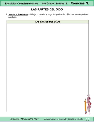 ® Lainitas México 2014-2015 Lo que bien se aprende, jamás se olvida. 33
LAS PARTES DEL OÍDO
 Vamos a investigar.- Dibuja o recorta y pega las partes del oído con sus respectivos
nombres.
LAS PARTES DEL OÍDO
Ejercicios Complementarios 5to Grado - Bloque 4 Ciencias N.
 