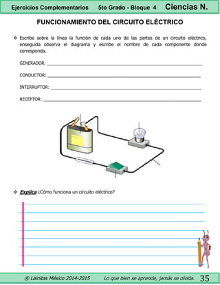 ® Lainitas México 2014-2015 Lo que bien se aprende, jamás se olvida. 35
FUNCIONAMIENTO DEL CIRCUITO ELÉCTRICO
 Escribe sobre la línea la función de cada uno de las partes de un circuito eléctrico,
enseguida observa el diagrama y escribe el nombre de cada componente donde
corresponda.
GENERADOR: __________________________________________________________________
CONDUCTOR: _________________________________________________________________
INTERRUPTOR: ________________________________________________________________
RECEPTOR: ___________________________________________________________________
 Explica ¿Cómo funciona un circuito eléctrico?
Ejercicios Complementarios 5to Grado - Bloque 4 Ciencias N.
 