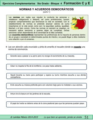 ® Lainitas México 2014-2015 Lo que bien se aprende, jamás se olvida. 51
NORMAS Y ACUERDOS DEMOCRÁTICOS
(parte 1)
Las normas son reglas que regulan la conducta las personas y
establecen obligaciones o deberes, así como prohibiciones; buscan
propiciar comportamientos que favorezcan la vida en sociedad. Con el
establecimiento de normas se pretende alcanzar valores de suma
importancia en la vida social, como son: la seguridad, justicia, igualdad,
libertad y el bien común. Como las normas no siempre se respetan, es
necesario aplicar sanciones a quienes dejan de cumplirlas. Dichas
sanciones varían dependiendo de la severidad de la falta cometida.
Los acuerdos democráticos representan las preferencias de la mayoría de personas dentro
de un grupo o sociedad en determinados puntos de interés y se puede llegar a ellos mediante
una votación o por el consenso.
 Lee con atención cada enunciado y pinta de amarillo el recuadro donde se respeta una
norma de convivencia.
- El papá de Ivette se detiene antes de la zona peatonal para que las personas puedan pasar.
- Arturo tira la basura en los jardines de la escuela.
- Gerardo saca a pasear a su perro pero no recoge el excremento de su mascota.
- Nayeli levanta su mano para participar y espera su turno mientras escucha a sus demás
compañeros.
- César no respeta la fila de la tortillería y se pasa hasta adelante.
- Erick escucha su música preferida pero con volumen bajo para no molestar a sus vecinos.
Ejercicios Complementarios 5to Grado - Bloque 4 Formación C y E
 