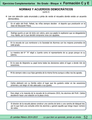 ® Lainitas México 2014-2015 Lo que bien se aprende, jamás se olvida. 52
NORMAS Y ACUERDOS DEMOCRÁTICOS
(parte 2)
 Lee con atención cada enunciado y pinta de verde el recuadro donde existe un acuerdo
democrático.
- El director de la escuela planea construir una cancha de tenis o una cancha de básquet bol,
por lo que hará una consulta entre los alumnos y ganará aquella que tenga mayor número
de votos.
- La maestra del 6° “A” eligió a Juanito como el representante de su grupo porque es su
sobrino.
- En la casa de Alejandra su papá toma todas las decisiones sobre el lugar a donde irán de
vacaciones.
- En el salón del Profr. Rafael, las niñas siempre deciden el deporte que practicarán en la
clase de Educación Física.
- Para elegir a la mascota de la escuela de la primavera 2015, los alumnos del Profr. Calixto
decidieron hacer una votación en la plaza cívica.
- Rodrigo quería un par de tenis con velcro, pero sus papás le explicaron que se desgastarían
muy rápido, por lo que decidió comprarse unos con agujetas.
- Mi tío siempre viste a sus hijos gemelos de la misma forma aunque a ellos nos les agrada.
- En la escuela de Luis nombraron a la Sociedad de Alumnos con los mejores promedios de
cada grupo.
- Carlos platicará con su familia sobre el lugar que les gustaría visitar en las vacaciones
próximas y así elegir el más adecuado a sus gustos.
Ejercicios Complementarios 5to Grado - Bloque 4 Formación C y E
 