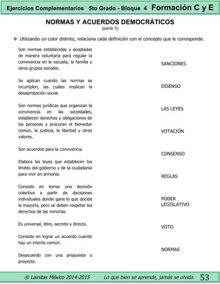 ® Lainitas México 2014-2015 Lo que bien se aprende, jamás se olvida. 53
NORMAS Y ACUERDOS DEMOCRÁTICOS
(parte 3)
 Utilizando un color distinto, relaciona cada definición con el concepto que le corresponde.
Son normas establecidas y aceptadas
de manera voluntaria para regular la
convivencia en la escuela, la familia y
otros grupos sociales.
Se aplican cuando las normas se
incumplen, las cuales implican la
desaprobación social.
Son normas jurídicas que organizan la
convivencia en las sociedades,
establecen derechos y obligaciones de
las personas y procuran el bienestar
común, la justicia, la libertad y otros
valores.
Son acuerdos para la convivencia.
Elabora las leyes que establecen los
límites del gobierno y de la ciudadanía
para vivir en armonía.
Consiste en tomar una decisión
colectiva a partir de decisiones
individuales donde gana lo que decide
la mayoría, pero se deben respetar los
derechos de las minorías.
Es universal, libre, secreto y directo.
Consiste en lograr un acuerdo cuando
hay un interés común.
Desacuerdo con una propuesta o
proyecto.
SANCIONES
DISENSO
LAS LEYES
VOTACIÓN
CONSENSO
REGLAS
PODER
LEGISLATIVO
VOTO
NORMAS
Ejercicios Complementarios 5to Grado - Bloque 4 Formación C y E
 