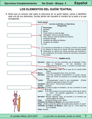® Lainitas México 2014-2015 Lo que bien se aprende, jamás se olvida. 7
LOS ELEMENTOS DEL GUIÓN TEATRAL
 Ahora que ya conoces más sobre la estructura de un guión teatral, vamos a identificar
cada uno de sus elementos. Escribe dentro del recuadro el nombre de la parte a la que
corresponde.
Guión teatral.
Los tres cochinitos y el lobo feroz.
(Fragmento)
Personajes:
Narrador
Mama
Tontín (hace su casa de paja)
Trabajador (hace su casa de ladrillo)
Flojo (hace su casa de palitos de madera)
Vendedor de Paja
Vendedor de Palitos de Madera
Vendedor de Ladrillos
Lobo
La escena se desarrolla en un bosque, al fondo a la derecha
se observa la casa de la mamá, del lado izquierdo puede
observarse un camino por donde avanzan los cochinitos y
los vendedores. En la parte central los cochinitos construirán
sus casas.
PRIMER ACTO.
Narrador: Había una vez tres cochinitos que se llamaban Tontín,
Flojo, y Trabajador. Un día decidieron vivir
independientes de su mama, y construir su propia casa.
Tontín, Flojo, Trabajador: (Salen de la casa de su mamá) Adiós
mama.
Mamá: Adiós mis pequeños hijos. (Con voz triste)
Narrador: Los tres cochinitos emprendieron su propio camino.
Cierto día Tontín se encontró a un hombre que vendía
paja.
Tontín: (Entusiasmado) ¡Justo lo que necesitaba! ¿Podría
venderme paja para construir mi casa?
Vendedor: Claro que sí. Toma la que necesites.
Tontín: Gracias.
Narrador: Tontín le pago al vendedor y se fue a construir su casa
de paja.
Tontín: Es fácil construir una casa de paja, nada más la coloco
y… ¡listo! No necesito pegamento, ni cemento, ni
clavos…. y ¡A jugar!
Narrador: Minutos después, Flojo, se encontró a un hombre que
vendía palitos de madera.
Flojo: (Contento) Buenos días, señor.
Vendedor de Palitos de Madera: ¿En qué puedo servirte?
Flojo: ¿Podría venderme palitos de madera para construir mi casa?
Vendedor de Palitos de Madera: ¡Claro que sí! Toma todos los
que necesites.
Flojo: Gracias…
Ejercicios Complementarios 5to Grado - Bloque 4 Español
 