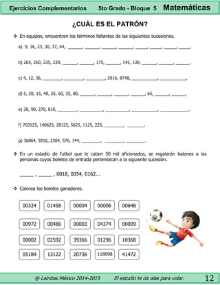 ® Lainitas México 2014-2015 El estudio te da alas para volar. 12
¿CUÁL ES EL PATRÓN?
 En equipos, encuentren los términos faltantes de las siguientes sucesiones.
a) 9, 16, 23, 30, 37, 44, ______, ______, ______, ______, _____, _____, _____, _____.
b) 265, 250, 235, 220, ______, ______, 175, ______, 145, 130, ______, ______, ______.
c) 4, 12, 36, ________, ________, ________, 2916, 8748, ___________, ___________,
d) 5, 20, 15, 40, 25, 60, 35, 80, ______, ______, ______, ______, 65, ______, ______.
e) 30, 90, 270, 810, ________, __________, __________, ___________, ____________.
f) 703125, 140625, 28125, 5625, 1125, 225, ________, _______.
g) 36864, 9216, 2304, 576, 144, ________, ________, ________.
 En un estadio de futbol que le caben 50 mil aficionados, se regalarán balones a las
personas cuyos boletos de entrada pertenezcan a la siguiente sucesión.
_____ , _____ , 0018, 0054, 0162...
 Colorea los boletos ganadores.
00324 01458 00004 00006 00648
00486
00972 00003 04374 00009
00002 02592 39366 01296
13122
05184
10368
20736 41472
118098
Ejercicios Complementarios 5to Grado - Bloque 5 Matemáticas
 