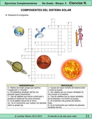 ® Lainitas México 2014-2015 El estudio te da alas para volar. 21
COMPONENTES DEL SISTEMA SOLAR
 Resuelve el crucigrama.
HORIZONTALES VERTICALES
3.- Palabra de origen griego que significa
“vagabundo” o “errante”.
6.- Al trasladarse alrededor del Sol, los
planetas siguen trayectorias:
7.- Tipo de satélites que fueron construidos y
puestos en órbita por los seres humanos.
9.- Es el satélite natural de la Tierra.
10.- Es el movimiento que realizan los planetas
sobre su propio eje.
1.- Cuerpo de mayor tamaño del Sistema Solar
y emite luz propia.
2.- Son objetos que se mueven alrededor de
otro cuerpo en el espacio.
4.- Tipo de satélites que se ubican alrededor
de los planetas y no emiten luz propia.
5.- Es el planeta más grande del Sistema
Solar.
8.- Es el movimiento que realizan los planetas
alrededor del Sol.
Ejercicios Complementarios 5to Grado - Bloque 5 Ciencias N.
 