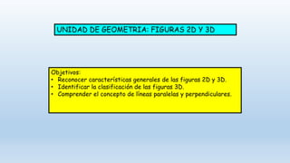 Objetivos:
• Reconocer características generales de las figuras 2D y 3D.
• Identificar la clasificación de las figuras 3D.
• Comprender el concepto de líneas paralelas y perpendiculares.
UNIDAD DE GEOMETRIA: FIGURAS 2D Y 3D
 