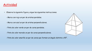 Actividad
• Observa la siguiente figura y sigue las siguientes instrucciones.
- Marca con rojo un par de aristas paralelas.
- Marca con azul un par de aristas perpendiculares.
- Pinta de color verde un par de caras paralelas.
- Pinta de color morado un par de caras perpendiculares.
- Pinta de color amarillo un par de caras que formen un ángulo distinto a 90°.
 