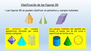 Clasificación de las figuras 3D
• Las figuras 3D se pueden clasificar en poliedros y cuerpos redondos.
Los poliedros son cuerpos
geométricos limitados por caras
planas o polígonos.
Los cuerpos redondos son aquellos que
tienen, al menos, una de sus caras o
superficies de forma curva.
 