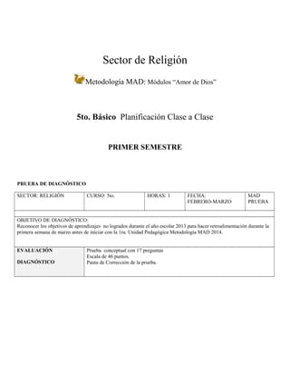 Sector de Religión
Metodología MAD: Módulos “Amor de Dios”
5to. Básico Planificación Clase a Clase
PRIMER SEMESTRE
PRUEBA DE DIAGNÓSTICO
SECTOR: RELIGIÓN CURSO: 5to. HORAS: 1 FECHA:
FEBRERO-MARZO
MAD
PRUEBA
OBJETIVO DE DIAGNÓSTICO:
Reconocer los objetivos de aprendizajes no logrados durante el año escolar 2013 para hacer retroalimentación durante la
primera semana de marzo antes de iniciar con la 1ra. Unidad Pedagógica Metodología MAD 2014.
EVALUACIÓN
DIAGNÓSTICO
Prueba conceptual con 17 preguntas
Escala de 46 puntos.
Pauta de Corrección de la prueba.
 