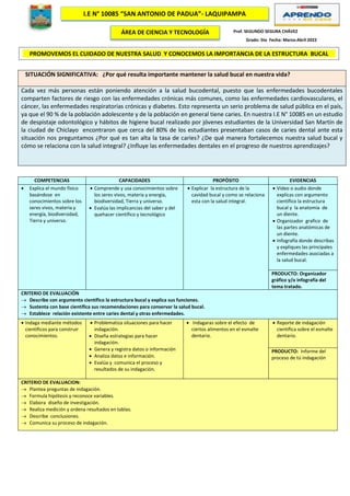 SITUACIÓN SIGNIFICATIVA: ¿Por qué resulta importante mantener la salud bucal en nuestra vida?
Cada vez más personas están poniendo atención a la salud bucodental, puesto que las enfermedades bucodentales
comparten factores de riesgo con las enfermedades crónicas más comunes, como las enfermedades cardiovasculares, el
cáncer, las enfermedades respiratorias crónicas y diabetes. Esto representa un serio problema de salud pública en el país,
ya que el 90 % de la población adolescente y de la población en general tiene caries. En nuestra I.E N° 10085 en un estudio
de despistaje odontológico y hábitos de higiene bucal realizado por jóvenes estudiantes de la Universidad San Martín de
la ciudad de Chiclayo encontraron que cerca del 80% de los estudiantes presentaban casos de caries dental ante esta
situación nos preguntamos ¿Por qué es tan alta la tasa de caries? ¿De qué manera fortalecemos nuestra salud bucal y
cómo se relaciona con la salud integral? ¿Influye las enfermedades dentales en el progreso de nuestros aprendizajes?
COMPETENCIAS CAPACIDADES PROPÓSITO EVIDENCIAS
 Explica el mundo físico
basándose en
conocimientos sobre los
seres vivos, materia y
energía, biodiversidad,
Tierra y universo.
 Comprende y usa conocimientos sobre
los seres vivos, materia y energía,
biodiversidad, Tierra y universo.
 Evalúa las implicancias del saber y del
quehacer científico y tecnológico
 Explicar la estructura de la
cavidad bucal y como se relaciona
esta con la salud integral.
 Video o audio donde
explicas con argumento
científico la estructura
bucal y la anatomía de
un diente.
 Organizador grafico de
las partes anatómicas de
un diente.
 Infografía donde describas
y expliques las principales
enfermedades asociadas a
la salud bucal.
PRODUCTO: Organizador
gráfico y/o infografía del
tema tratado.
CRITERIO DE EVALUACIÓN
 Describe con argumento científico la estructura bucal y explica sus funciones.
 Sustenta con base científica sus recomendaciones para conservar la salud bucal.
 Establece relación existente entre caries dental y otras enfermedades.
 Indaga mediante métodos
científicos para construir
conocimientos.
 Problematiza situaciones para hacer
indagación.
 Diseña estrategias para hacer
indagación.
 Genera y registra datos o información
 Analiza datos e información.
 Evalúa y comunica el proceso y
resultados de su indagación.
 Indagaras sobre el efecto de
ciertos alimentos en el esmalte
dentario.
 Reporte de indagación
científica sobre el esmalte
dentario.
PRODUCTO: Informe del
proceso de tú indagación
CRITERIO DE EVALUACION:
 Plantea preguntas de indagación.
 Formula hipótesis y reconoce variables.
 Elabora diseño de investigación.
 Realiza medición y ordena resultados en tablas.
 Describe conclusiones.
 Comunica su proceso de indagación.
I.E N° 10085 “SAN ANTONIO DE PADUA”- LAQUIPAMPA
ÁREA DE CIENCIA Y TECNOLOGÍA Prof. SEGUNDO SEGURA CHÁVEZ
Grado: 5to Fecha: Marzo-Abril 2022
PROMOVEMOS EL CUIDADO DE NUESTRA SALUD Y CONOCEMOS LA IMPORTANCIA DE LA ESTRUCTURA BUCAL
 