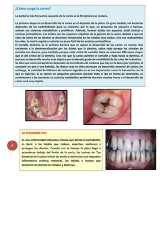 ¿Cómo surge la caries?
La bacteria más frecuente causante de la caries es la Streptococcus mutans.
La primera etapa en el desarrollo de la caries es el depósito de la placa. En gran medida, las bacterias
dependen de los carbohidratos para su nutrición, por lo que, en presencia de azúcares o harinas,
activan sus sistemas metabólicos y proliferan. Además, forman ácidos (en especial, ácido láctico) y
enzimas proteolíticas. Los ácidos son los mayores culpables de la génesis de la caries, debido a que las
sales de calcio de los dientes se disuelven lentamente en los medios muy ácidos. Una vez reabsorbidas
las sales, la matriz orgánica restante es presa fácil de las enzimas proteolíticas
El esmalte dentario es la primera barrera que se opone al desarrollo de las caries. Es mucho más
resistente a la desmineralización por los ácidos que la dentina, sobre todo porque los cristales de
esmalte son densos, pero también porque cada cristal de esmalte tiene un volumen 200 veces mayor
que el del cristal de la dentina. Una vez que la caries penetra el esmalte y llega hasta la dentina, el
proceso se desarrolla mucho más deprisa por el elevado grado de solubilidad de las sales de la dentina.
Se dice que como las bacterias dependen de los hidratos de carbono que hay en la boca (por ejemplo, al
consumir un pan o una bebida), las dietas ricas en ellos provocan un desarrollo excesivo de caries; sin
embargo, la cantidad de hidratos de carbono ingerida no es tan importante como la frecuencia con la
que se ingieren. Si se comen en pequeñas porciones durante todo el día en forma de caramelos, se
suministrará a las bacterias su sustrato metabólico preferido durante muchas horas y el desarrollo de
caries será muy rápido.
4
LA PERIODONTITIS
Es una enfermedad infecciosa crónica que afecta al periodonto,
es decir, a los tejidos que rodean, soportan, sostienen y
protegen los dientes. Cuando con el tiempo la placa llega a
extenderse debajo del límite de la encía, las toxinas de “las
bacterias en la placa irritan las encías y estimulan una respuesta
inflamatoria crónica; entonces, los tejidos y huesos que
sostienen los dientes se rompen y destruye.
 