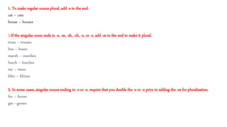 1. To make regular nouns plural, add -s to the end.
cat – cats
house – houses
2.If the singular noun ends in -s, -ss, -sh, -ch, -x, or -z, add -es to the end to make it plural.
truss – trusses
bus – buses
marsh – marshes
lunch – lunches
tax – taxes
blitz – blitzes
3. In some cases, singular nouns ending in -s or -z, require that you double the -s or -z prior to adding the -es for pluralization.
fez – fezzes
gas –gasses
 