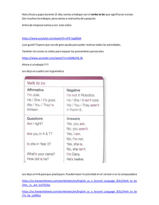 Hola chicos y papisdurante 15 días vamosa trabajar con el verbo to be que significaseroestar.
Son muchoslostrabajos,perova...
