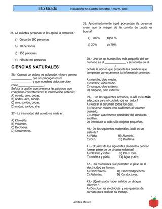 5to Grado               Evaluación del Cuarto Bimestre / marzo-abril




                                                        35. Aproximadamente ¿qué porcentaje de personas
                                                        creen que la imagen de la comida de Lupita es
                                                        buena?
34. ¿A cuántas personas se les aplicó la encuesta?
                                                            a) 100%        b)50 %
   a) Cerca de 100 personas
                                                            c) 20%         d) 70%
   b) 70 personas

   c) 150 personas

   d) Más de mil personas                                  38.- Uno de los huesecillos más pequeño del ser
                                                           humano es el _____________ y se localiza en el
                                                           __________________:
 CIENCIAS NATURALES                                        Señala la opción que presenta las palabras que
                                                           completan correctamente la información anterior:
 36.- Cuando un objeto es golpeado, vibra y genera
 _____________ que se propagan en el
                                                           A) martillo, oído medio.
 _____________ y que nuestros oídos perciben
                                                           B) tambor, oído medio.
 como________________.
                                                           C) yunque, oído externo.
 Señala la opción que presenta las palabras que
                                                           D) tímpano, oído externo.
 completan correctamente la información anterior:
 A) sonido, aire, ondas.
                                                           39.- - De las siguientes acciones, ¿Cuál es la más
 B) ondas, aire, sonido.
                                                           adecuada para el cuidado de los oídos?
 C) aire, sonido, ondas.
                                                           A) Retirar el cerumen todos los días.
 D) ondas, sonido, aire.
                                                           B) Escuchar música con audífonos al volumen
                                                           deseado.
 37.- La intensidad del sonido se mide en:
                                                           C) Limpiar suavemente alrededor del conducto
                                                           auditivo.
 A) Kilowatts.
                                                           D) Introducir al oído sólo objetos pequeños.
 B) Volumen.
 C) Decibeles.
                                                           40.- De los siguientes materiales ¿cuál es un
 D) Decámetros.
                                                           aislante?
                                                           A) Plata.                B) Aluminio.
                                                           C) Oro.                  D) Plastilina.

                                                           41.- ¿Cuáles de los siguientes elementos podrían
                                                           formar parte de un circuito eléctrico?
                                                           A) Plástico y cable.      B) Pila y foco.
                                                           C) madera y plata.        D) Agua y aire.

                                                           42.- Los materiales que permiten el paso de la
                                                           electricidad se llaman:
                                                           A) Electrónicos.        B) Electromagnéticos.
                                                           C) Aislantes.           D) Conductores.

                                                           43.- ¿Quién pudo haber sufrido un choque
                                                           eléctrico?
                                                           A) Don Juan es electricista y usa guantes de
                                                           carnaza para realizar su trabajo.


                                                Lainitas México                                               11
 