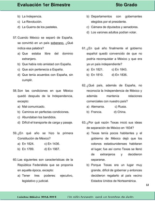Evaluación 1er Bimestre 5to Grado 
Lainitas México 2014-2015 Un niño honesto, será un hombre de éxito. 
12 
b) La Indepencia. 
c) La Revolución. 
d) La Guerra de los pasteles. 
57.Cuando México se separó de España, 
se convirtió en un país soberano. ¿Qué 
indica esa palabra? 
a) Que estaba libre del dominio 
extranjero. 
b) Que había roto amistad con España. 
c) Que aún pertenecía a España. 
d) Que tenía acuerdos con España, sin 
cumplir. 
58.Son las condiciones en que México 
quedó después de la Independencia, 
excepto: 
a) Mal comunicado. 
b) Caminos en perfectas condiciones. 
c) Abundaban los bandidos. 
d) Difícil el transporte de carga y pasaje. 
59.¿En qué año se hizo la primera 
Constitución de México? 
a) En 1824. c) En 1436. 
b) En 1789. d) En 1967. 
60.Las siguientes son características de la 
República Federalista que se proponía 
en aquella época, excepto: 
a) Tener tres poderes: ejecutivo, 
legislativo y judicial. 
b) Departamentos con gobernantes 
elegidos por el presidente. 
c) Cámara de diputados y senadores. 
d) Los varones adultos podían votar. 
61.¿En qué año finalmente el gobierno 
español quedó convencido de que no 
podría reconquistar a México y que era 
ya un país independiente? 
a) En 1821. c) En 1843. 
b) En 1810. d) En 1836. 
62.¿Qué país, además de España, no 
reconocía la Independencia de México y 
además mantenía relaciones 
comerciales con nuestro país? 
a) Alemania. c) Rusia. 
b) Francia. d) China. 
63.¿Por qué razón Texas inició sus ideas 
de separación de México en 1834? 
a) Texas tenía pocos habitantes y el 
gobierno de México dejó que los 
colonos estadounidenses habitaran 
el lugar; fue así como Texas se llenó 
de extranjeros y decidieron 
separarse. 
b) Porque Texas era un lugar muy 
grande, difícil de gobernar y entonces 
decidieron regalarlo al país vecino 
Estados Unidos de Norteamérica. 
 