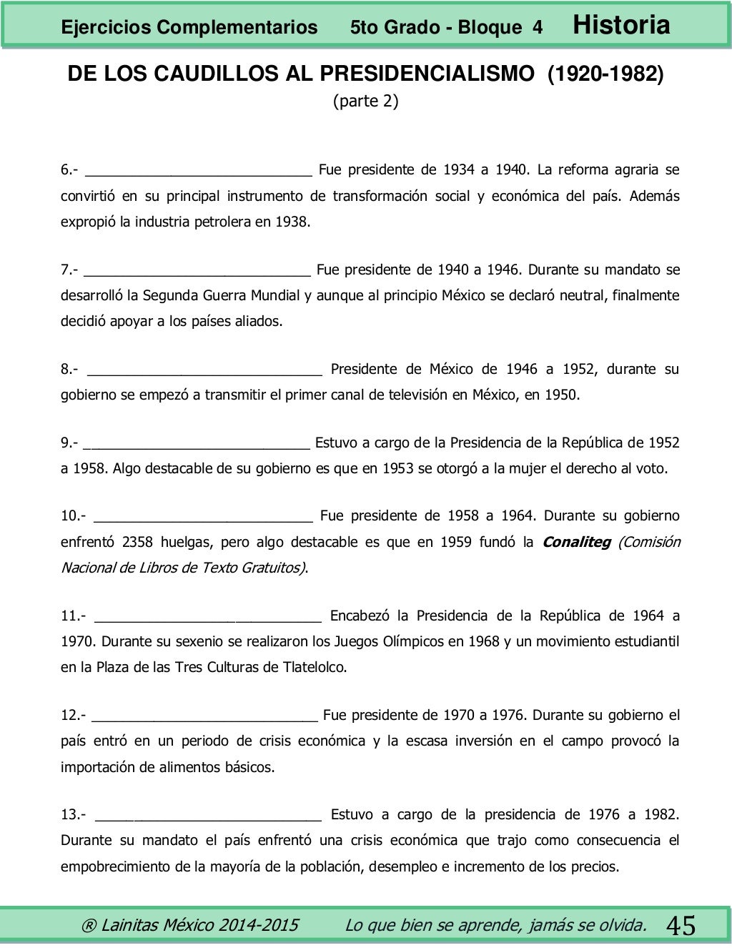 5to Grado Bloque 4 Ejercicios Complementarios